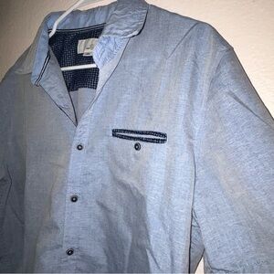 Men's Light Blue Button Down Shirt, Paisley Design Hems, Short Sleeves, Pocket